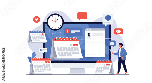 Man managing a busy schedule and organizing events with multiple calendars and notifications on a large desktop computer screen.