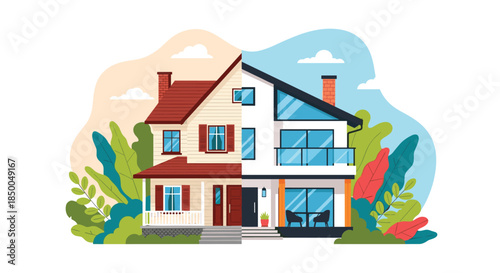 House renovation concept showing a split view of a home with one half in a classic style and the other in a modern style.