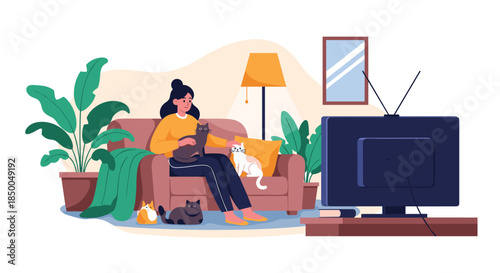 Young woman relaxing on a comfortable sofa at home watching television surrounded by her four adorable cats in a cozy living room.