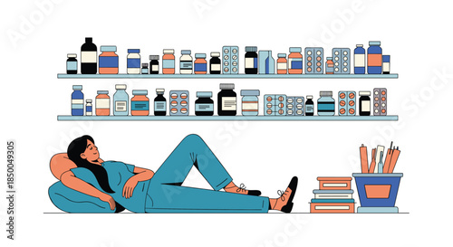 Exhausted female doctor or pharmacist in uniform taking a break and resting on the floor in front of shelves full of medicine.
