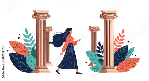 Elegant woman with long flowing hair walking among ancient Greek or Roman columns surrounded by colorful leaves and foliage.