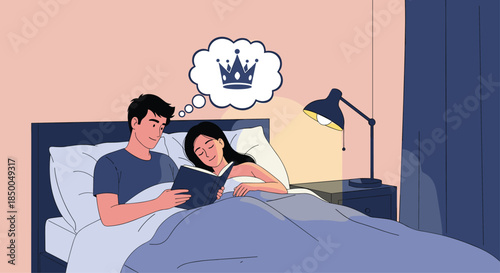 Caring man reading a fairytale book to a woman who is falling asleep and dreaming of a crown in a cozy bed at night.