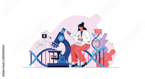 Female scientist in a lab coat conducting research with a microscope and a test tube with large DNA helices in the background.