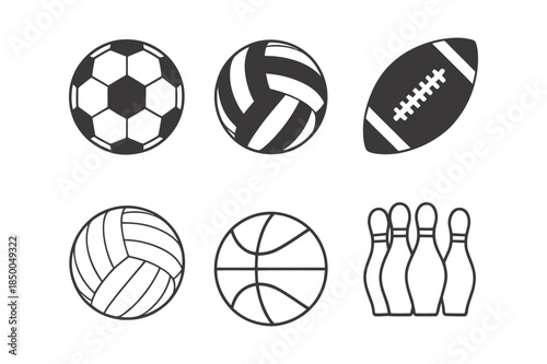 Collection of sports balls and bowling pins