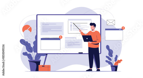 Man holding a laptop and using a pointer to give a presentation with a large interactive whiteboard displaying a checklist and calendar.