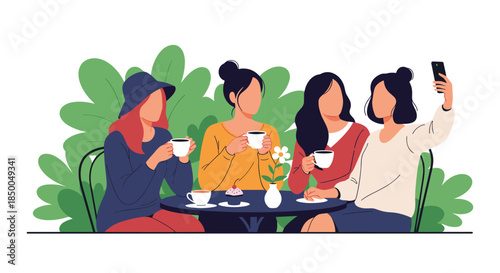 Group of four female friends sitting at a table in a cafe drinking coffee eating cake and taking a selfie with a smartphone.