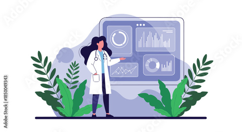Female doctor or scientist in a white lab coat presenting medical data analysis on a large digital interface with charts and graphs.