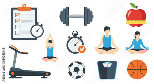 Set of colorful flat icons representing fitness and a healthy lifestyle including a treadmill dumbbell yoga poses and healthy food.