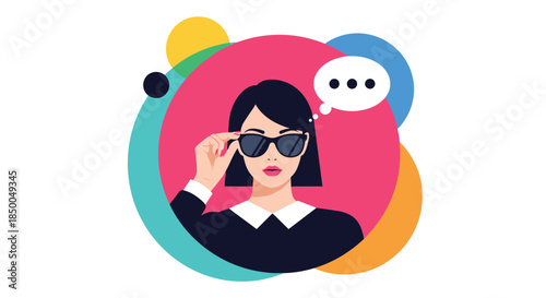 Portrait of a stylish woman with black hair wearing sunglasses against a colorful circular background with a thought bubble above her.
