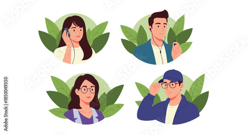 Set of four modern character portraits with young men and women using technology and wearing glasses against a leafy background.