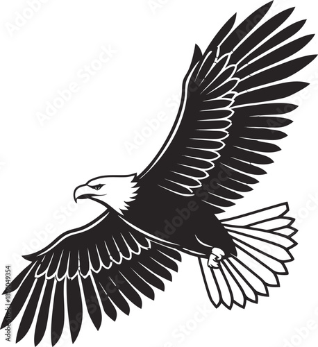 Black and white illustration of an eagle in flight with detailed wings