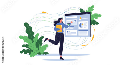 Dynamic businesswoman joyfully running while interacting with a floating digital dashboard displaying charts and user profile data.