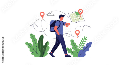 Male traveler with a backpack follows a route on a map and checks his smart watch for location and navigation directions.