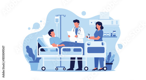 Doctor and nurse providing medical care to a male patient lying in a hospital bed with an IV drip in a hospital room.