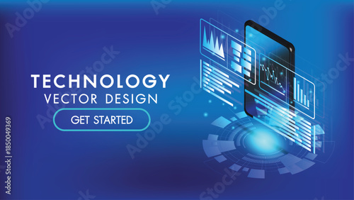 Blue technology vector design with futuristic elements and call to action