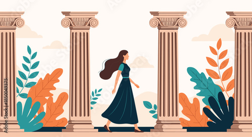 Elegant woman in a long flowing dress walks gracefully between ancient Greek or Roman columns surrounded by lush foliage.