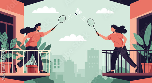 Two women playing badminton from their apartment balconies during quarantine showcasing a fun stay-at-home activity.