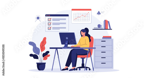 Woman working from home at her desk on a computer with a task checklist and a growth chart on the wall behind her.