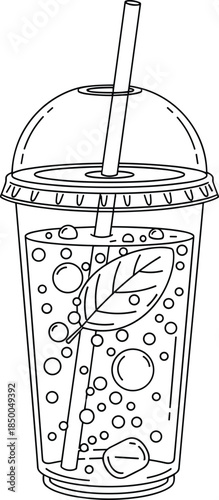 Black and white illustration of a fizzy drink with straw