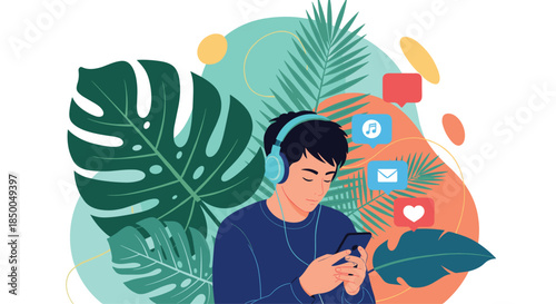 Young man listening to music on his smartphone with headphones surrounded by tropical leaves and floating social media icons.