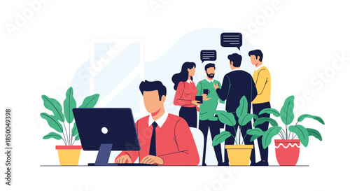 Office environment with a man working on a computer in the foreground and colleagues collaborating in the background.