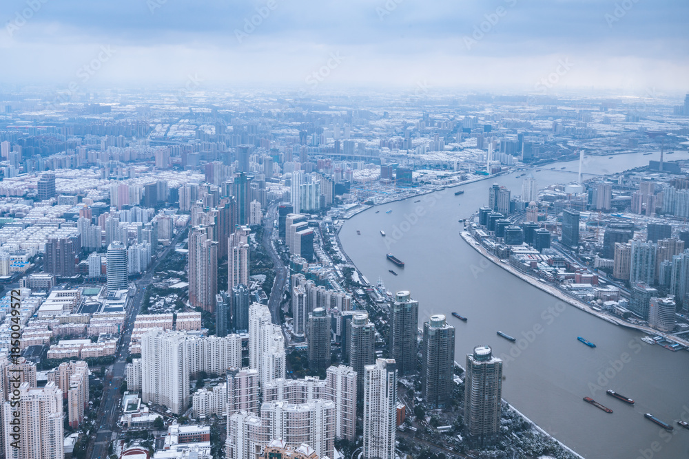 Fototapeta premium Shanghai Panoramic Aerial View with Huangpu River and Skyline