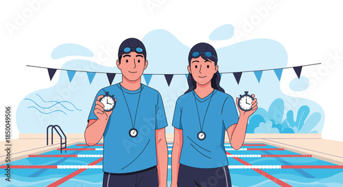 Male and female swimming coaches standing by a pool holding stopwatches to time athletes during practice or competition.