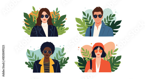 Collection of four diverse and stylish people wearing sunglasses portrayed in bust-up portraits against a leafy backdrop.