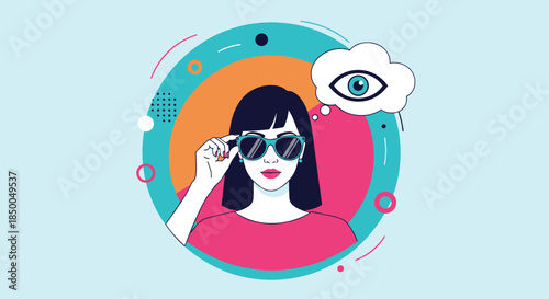 Stylish woman wearing sunglasses with a thought bubble showing an eye symbolizing vision perception and clear perspective.
