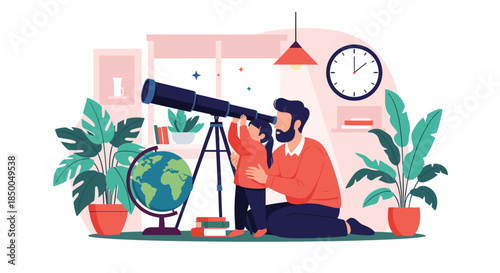 Father and daughter looking at the stars together through a telescope in their cozy living room surrounded by plants.