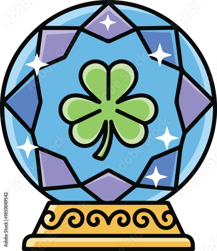 Vector illustration of a magic crystal ball containing a green clover, symbolizing good luck and future fortune.
