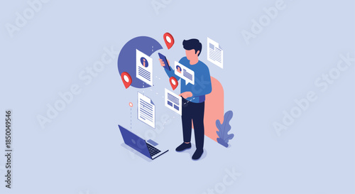 Isometric illustration of a man managing user data and profiles across multiple devices like a smartphone and laptop.