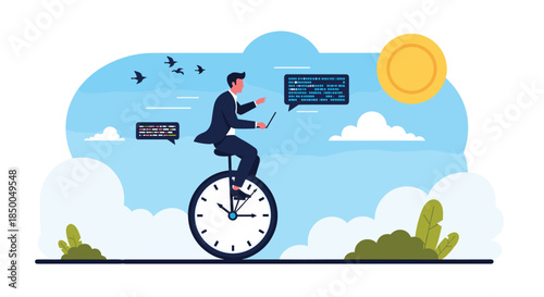 Businessman multitasking on a laptop while riding a unicycle with a clock face symbolizing efficient time management.