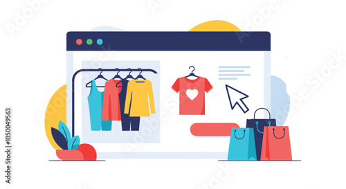Online clothing store concept with a web browser showing a fashion e-commerce site with clothes and shopping bags.