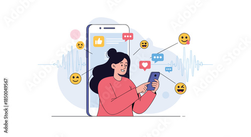 Woman using her smartphone to interact with social media sending messages likes and emojis with a soundwave background.