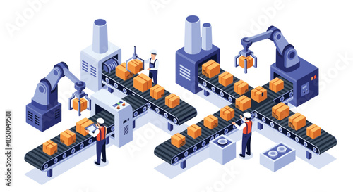 Isometric view of a smart factory with workers and robotic arms operating on an automated conveyor belt production line.