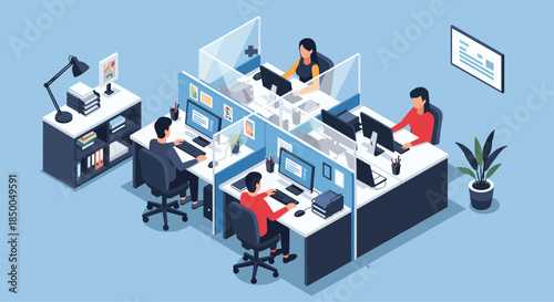 Isometric office space with employees working at computers in modern cubicles with glass partitions for social distancing.