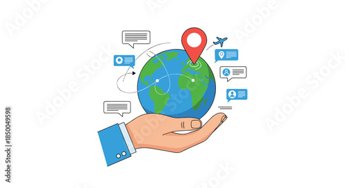 Hand holding the globe with location pins and flight paths illustrating global business communication and travel networks.
