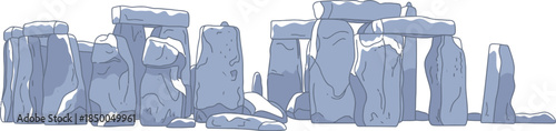 Simple cartoon illustration of the prehistoric monument Stonehenge covered in a light layer of snow or ice