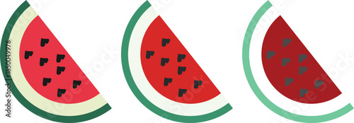 Three watermelon slices isolated on white background, ripe juicy summer fruit illustration