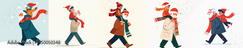 vector grandfather carrying grandchild on his shoulders at christmas