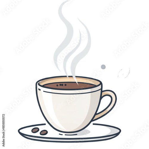 Steaming Coffee Delight: A pristine white coffee cup filled with rich, dark coffee, releasing aromatic steam into the air, while a matching saucer rests below.