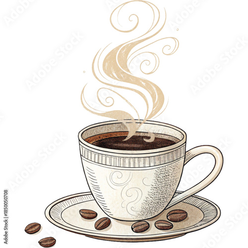 Aromatic Coffee Delight: An elegant porcelain cup of steaming coffee, surrounded by coffee beans, inviting one to savor its rich aroma and comforting warmth. 