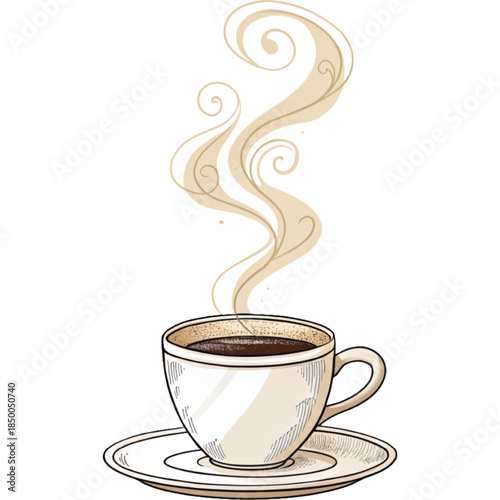Warm Brew Serenity: A delicate cup of steaming coffee, its aromatic tendrils rising gracefully, embodies morning rituals and comforting warmth.