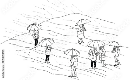 Group of people standing on a wet hillside holding umbrellas during a heavy downpour illustration
