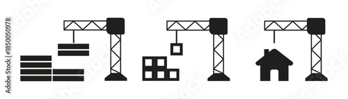 Construction Crane Icons Set Building House and Materials