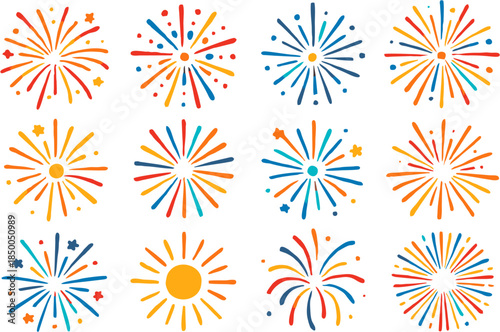 Festive vector set of colorful radial firework bursts, sparkles, and sunburst icons for celebration overlays and party decoration.