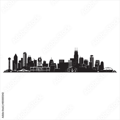 A detailed black silhouette of a modern city skyline featuring various skyscrapers and architectural landmarks