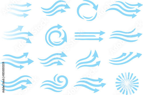 Vector set of dynamic blue air flow arrows with curved and swirling motion for HVAC, water filters, and infographic overlays.