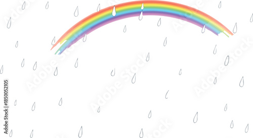Bright watercolor style arc of a rainbow appears above falling raindrops against a clean white background